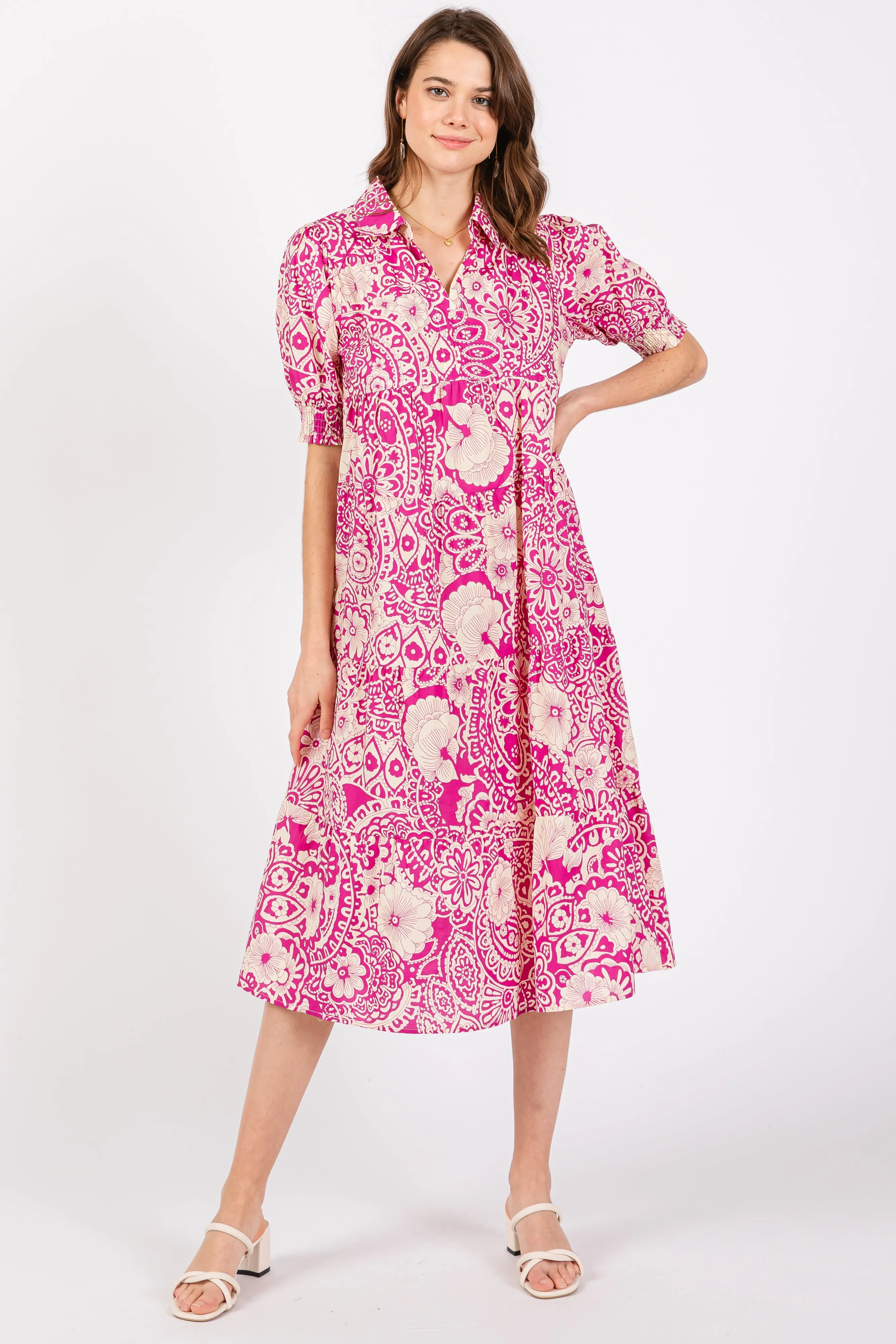 Magenta Floral Collared Tiered Maternity Midi Dress sold by Pinkblush product image thumbnail 4