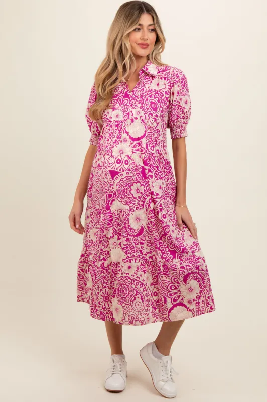 Magenta Floral Collared Tiered Maternity Midi Dress sold by Pinkblush