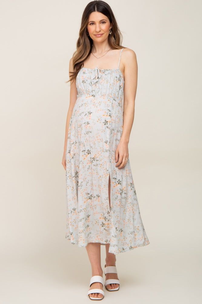 Light Sage Floral Sleeveless Front Tie Side Slit Maternity Midi Dress sold by Pinkblush product image thumbnail 5