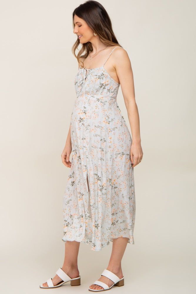 Light Sage Floral Sleeveless Front Tie Side Slit Maternity Midi Dress sold by Pinkblush product image thumbnail 2