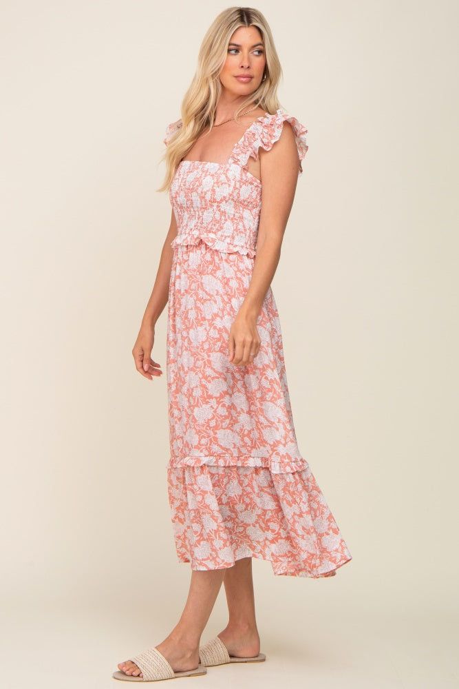 Mauve Floral Ruffle Accent Smocked Midi Dress sold by Pinkblush product image thumbnail 2