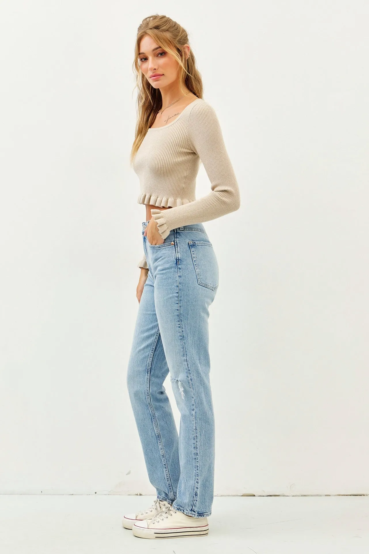 Beige Rib Sweater Crop Top With Mini Ruffles sold by Pinkblush product image thumbnail 2