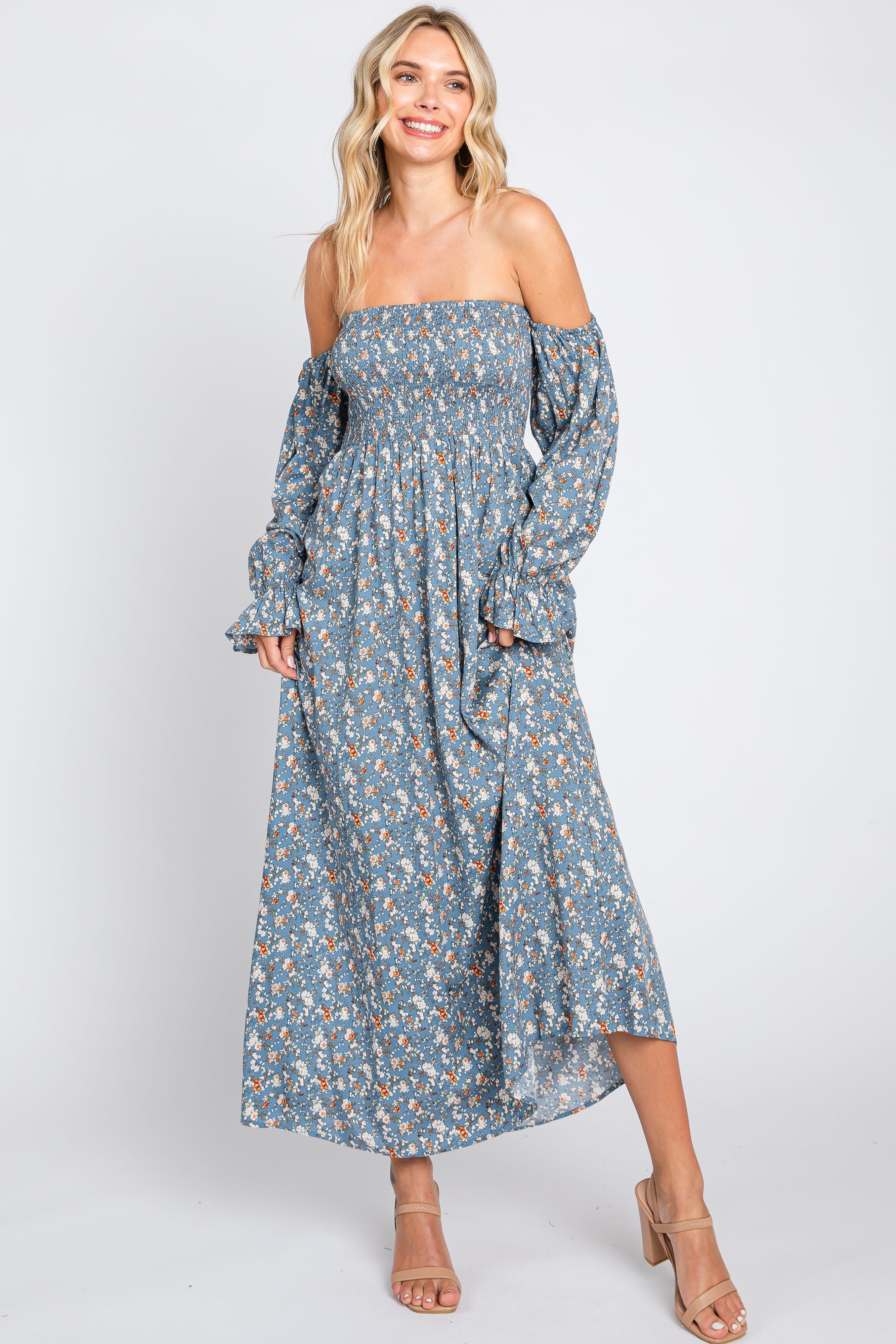 Blue Floral Square Neck Smocked Long Sleeve Maxi Dress sold by Pinkblush product image thumbnail 5