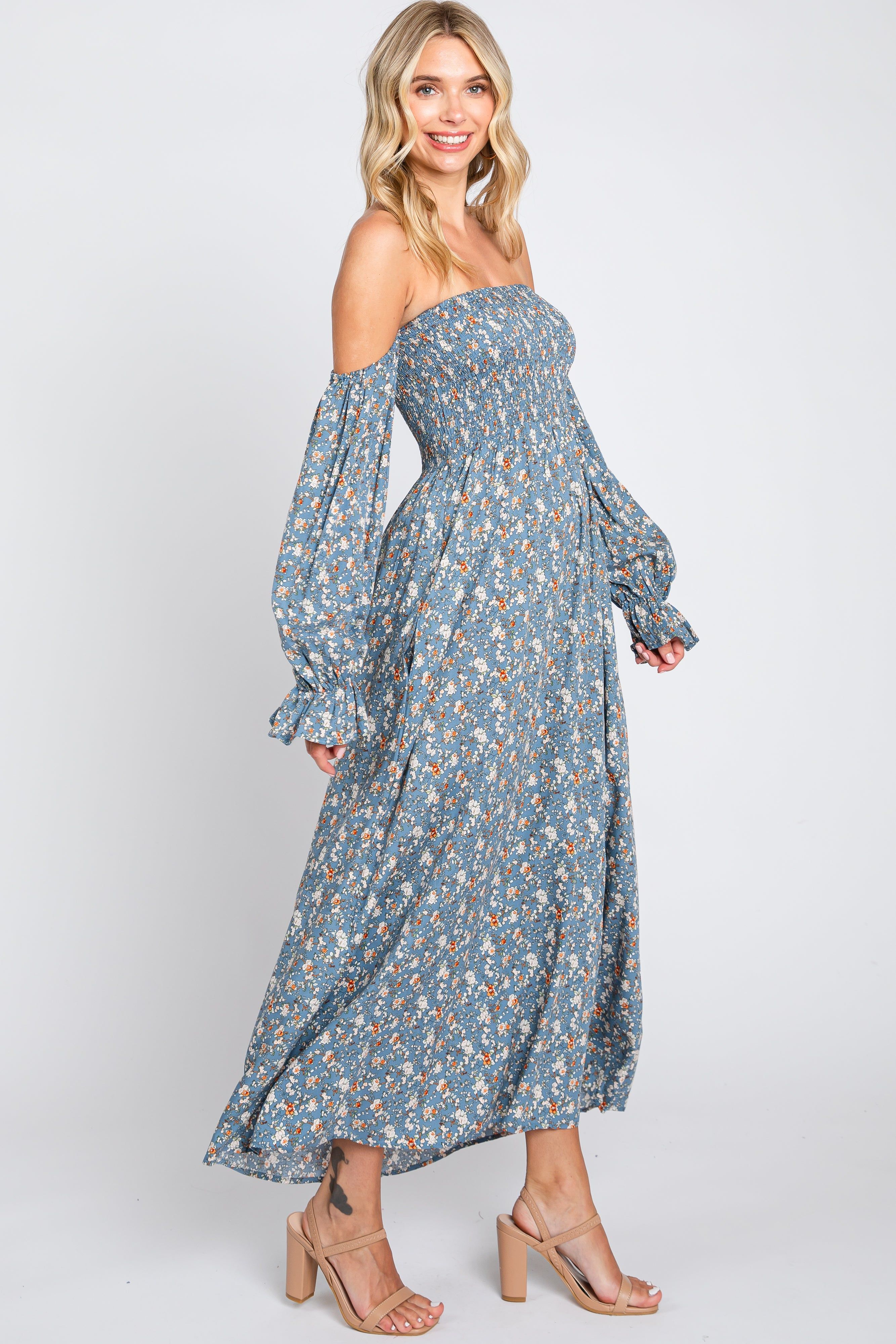 Blue Floral Square Neck Smocked Long Sleeve Maxi Dress sold by Pinkblush product image thumbnail 2