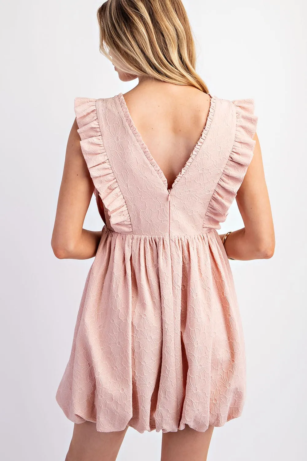 Pale Pink Flower Embossed Bubble Dress With Shoulder Ruffles sold by Pinkblush product image thumbnail 3