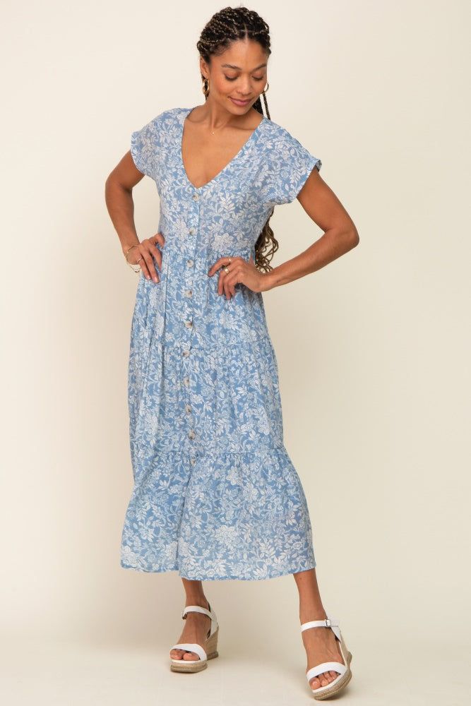 Blue Floral Tiered Button Down Midi Dress sold by Pinkblush product image thumbnail 4