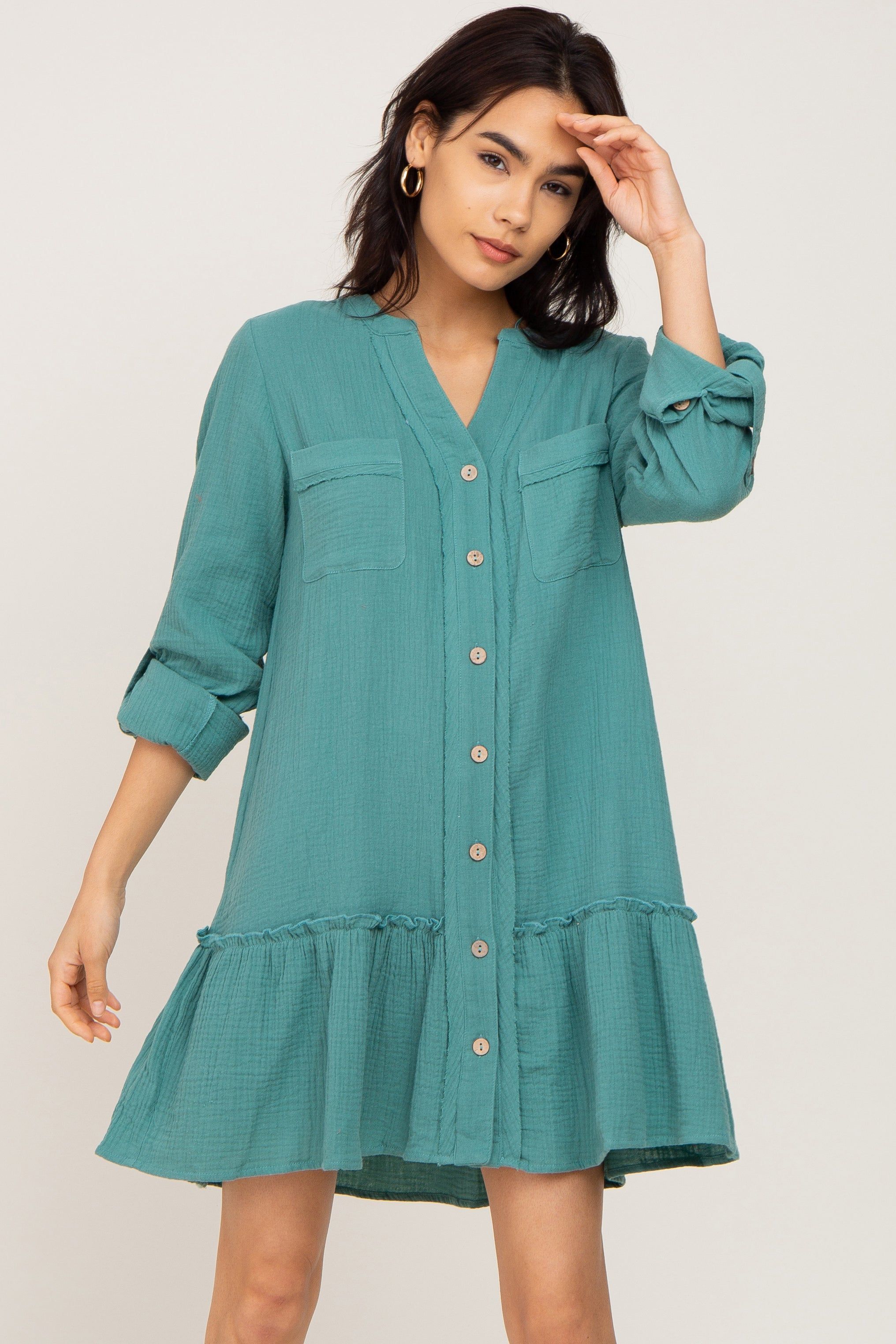 Sage Button Down Long Sleeve Ruffle Hem Dress sold by Pinkblush