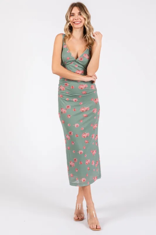 Light Olive Floral Mesh Ruched Sleeveless Midi Dress sold by Pinkblush
