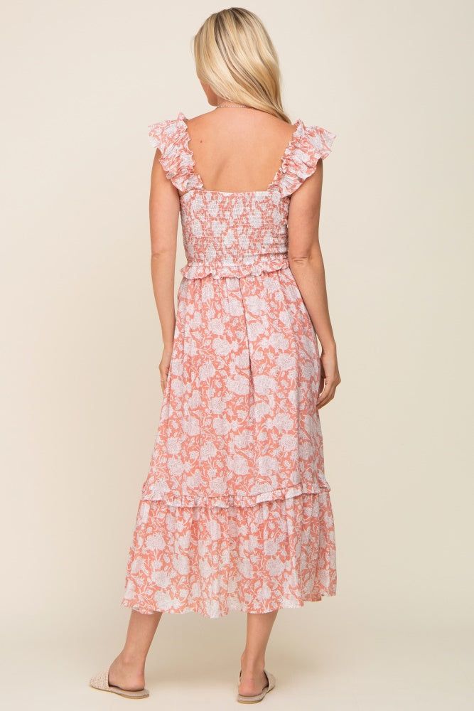 Mauve Floral Ruffle Accent Smocked Midi Dress sold by Pinkblush product image thumbnail 3