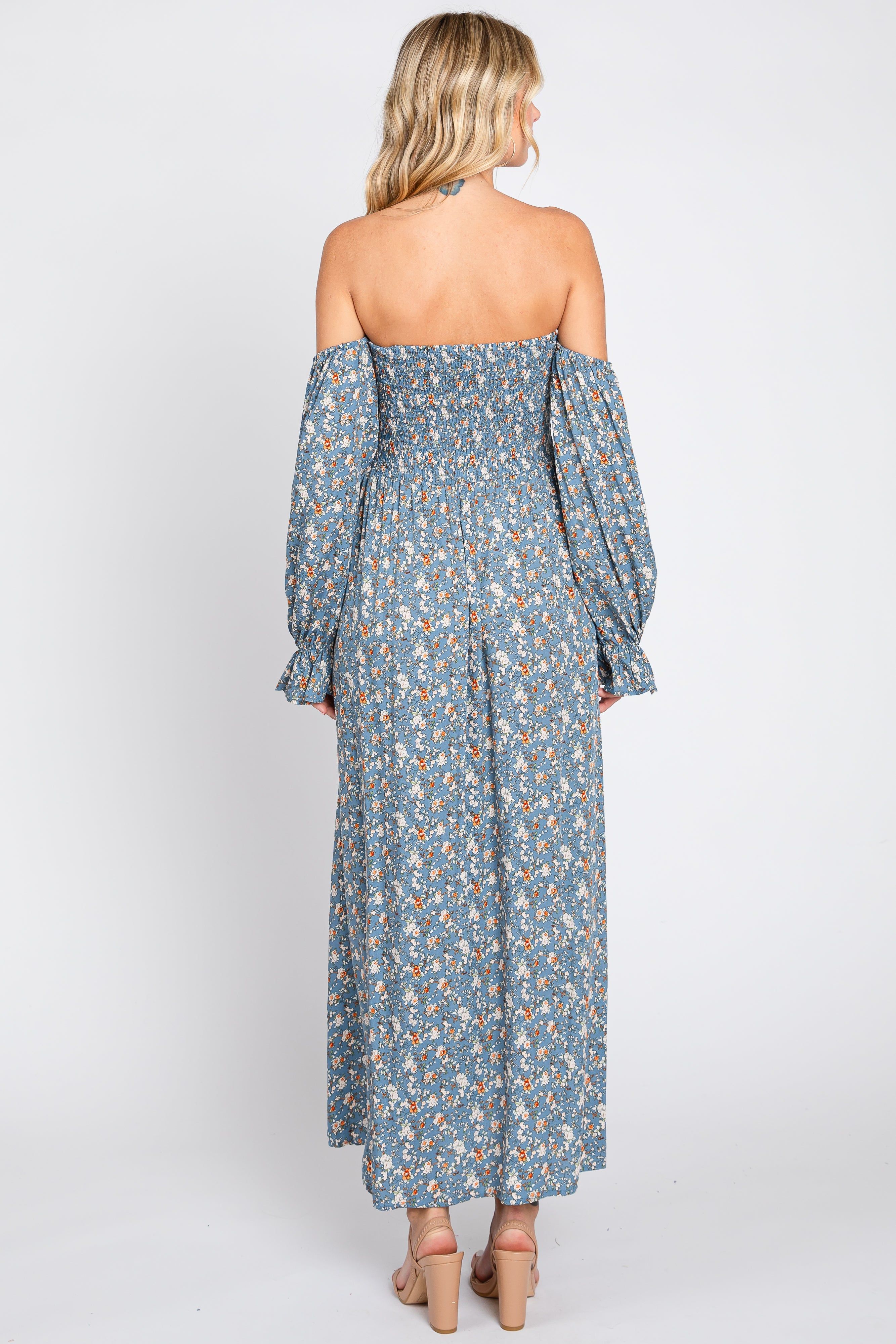 Blue Floral Square Neck Smocked Long Sleeve Maxi Dress sold by Pinkblush product image thumbnail 3