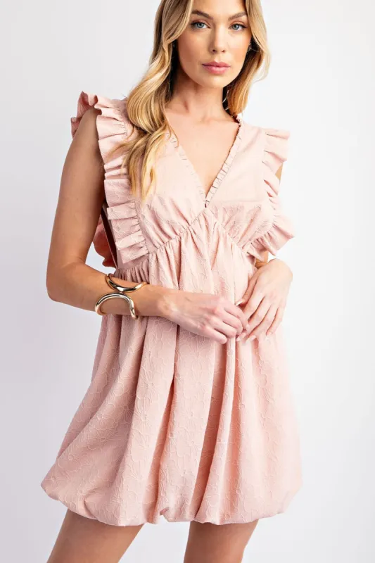 Pale Pink Flower Embossed Bubble Dress With Shoulder Ruffles sold by Pinkblush
