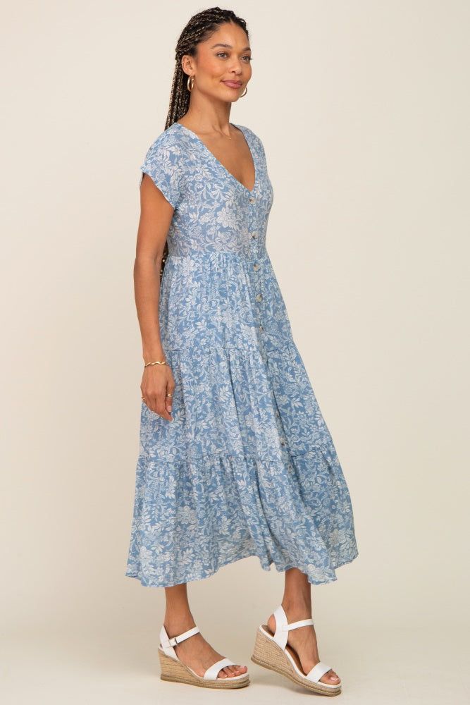 Blue Floral Tiered Button Down Midi Dress sold by Pinkblush product image thumbnail 2