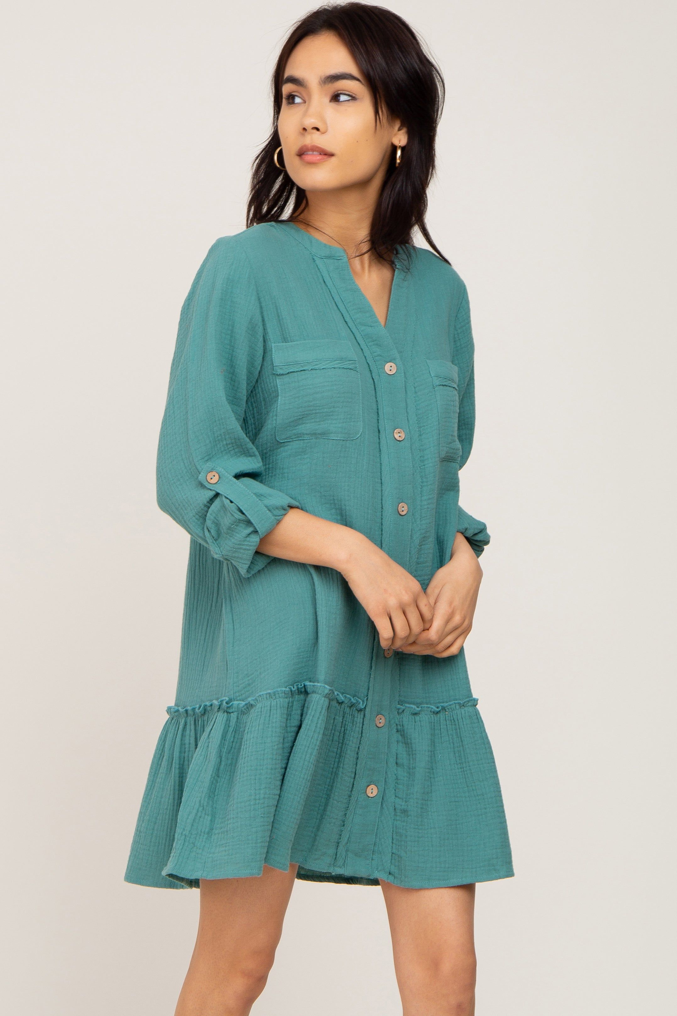 Sage Button Down Long Sleeve Ruffle Hem Dress sold by Pinkblush product image thumbnail 2