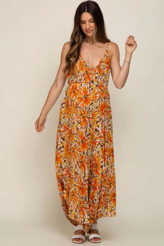 Orange Floral Sleeveless Maternity Jumpsuit sold by Pinkblush