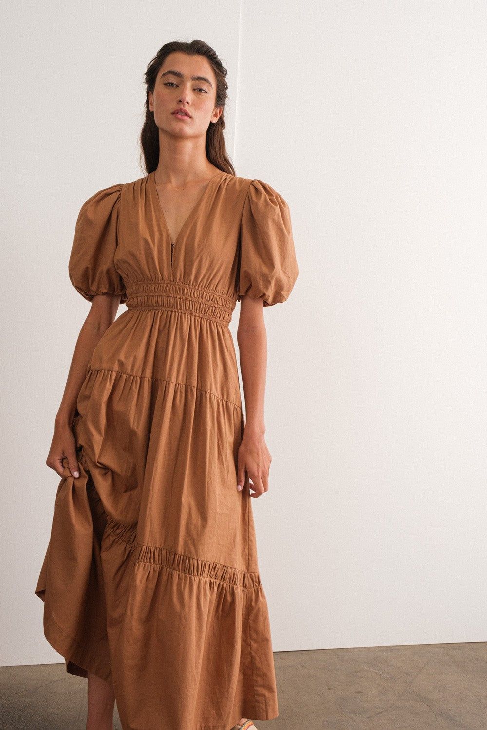 Mocha Puff Sleeve Midi Dress sold by Pinkblush