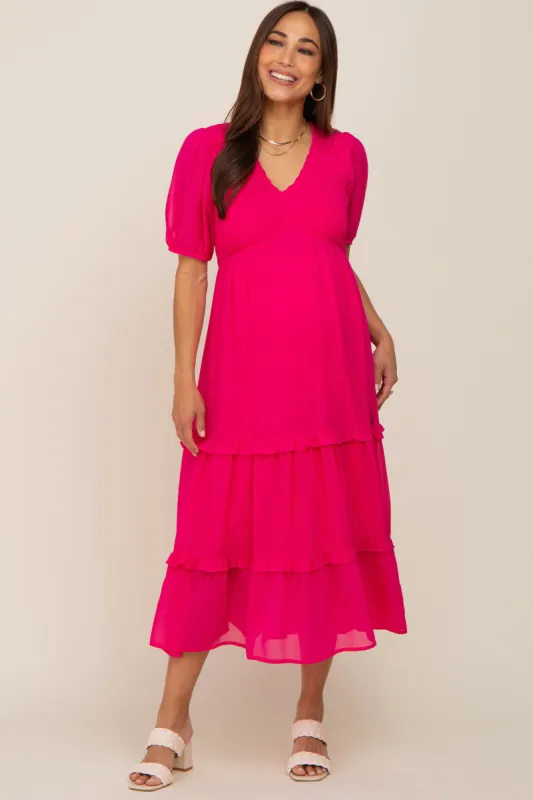Fuchsia Chiffon Smocked V-Neck Ruffle Tiered Maternity Midi Dress sold by Pinkblush