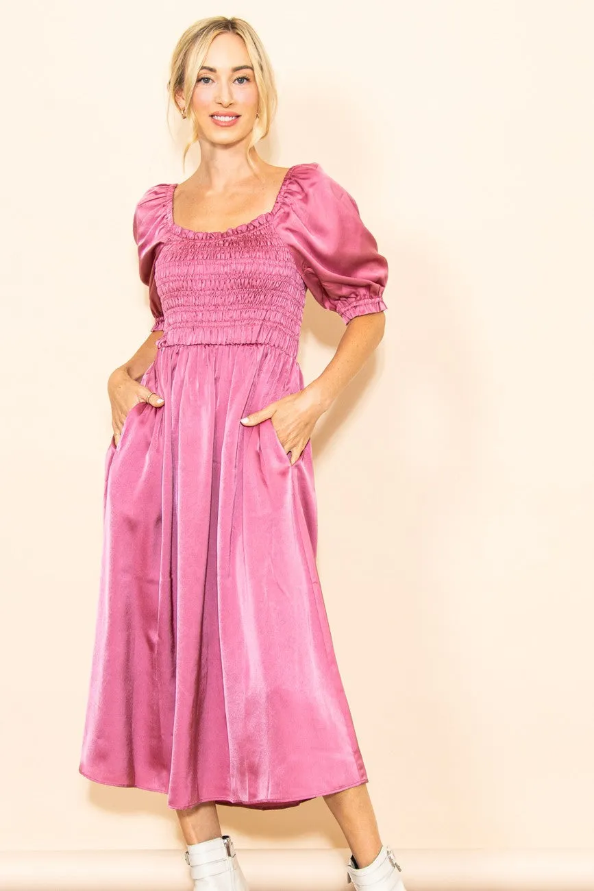 Mauve Satin Smocked Midi Dress sold by Pinkblush