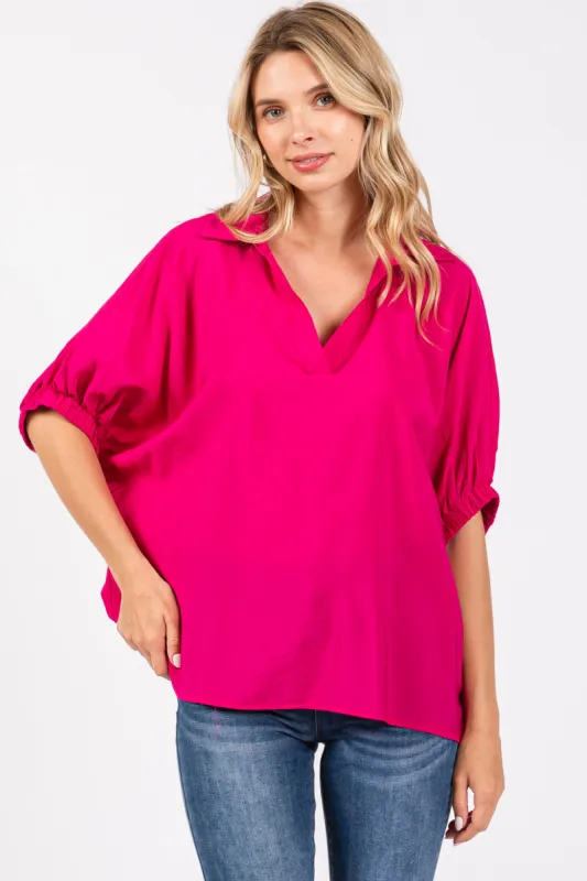 Fuchsia V-Neck Short Sleeve Top sold by Pinkblush