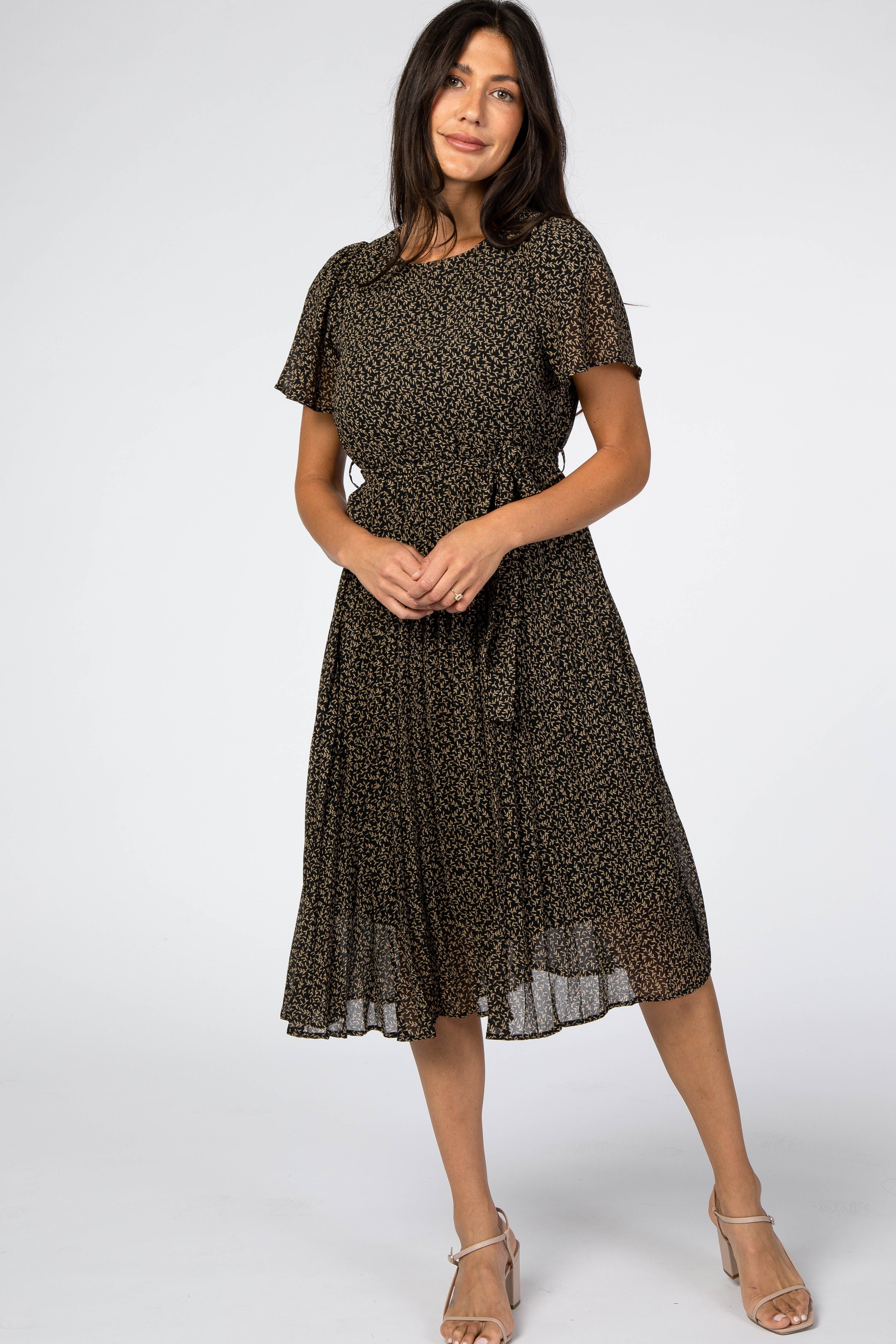 Black Leaf Print Pleated Maternity Midi Dress sold by Pinkblush product image thumbnail 4