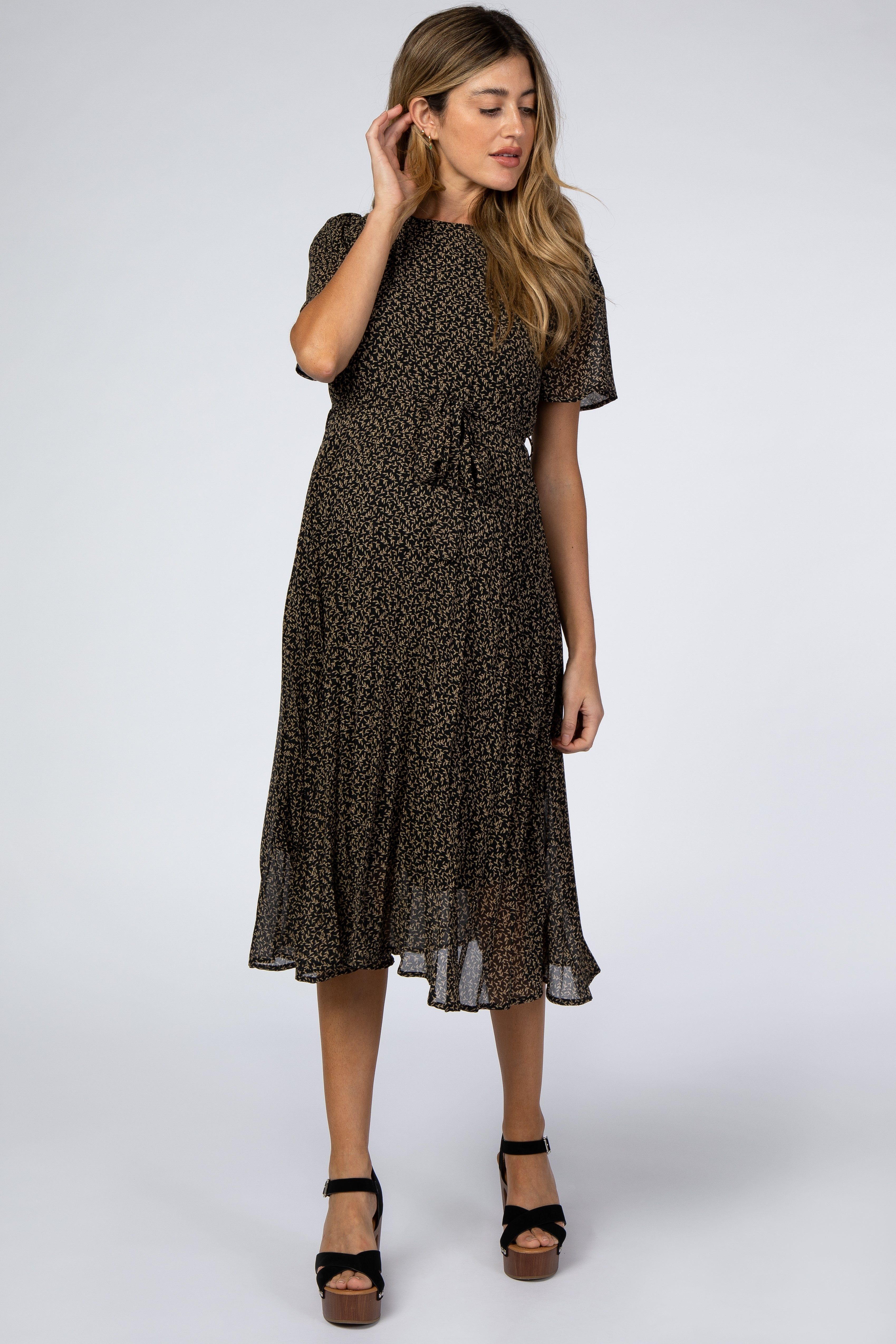 Black Leaf Print Pleated Maternity Midi Dress sold by Pinkblush
