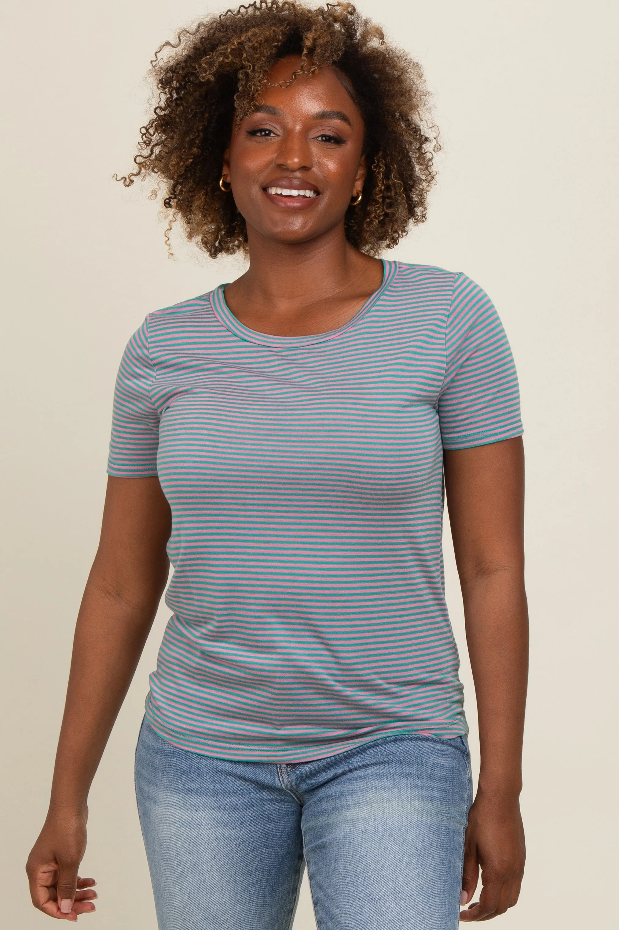 Green Striped Short Sleeve Top sold by Pinkblush