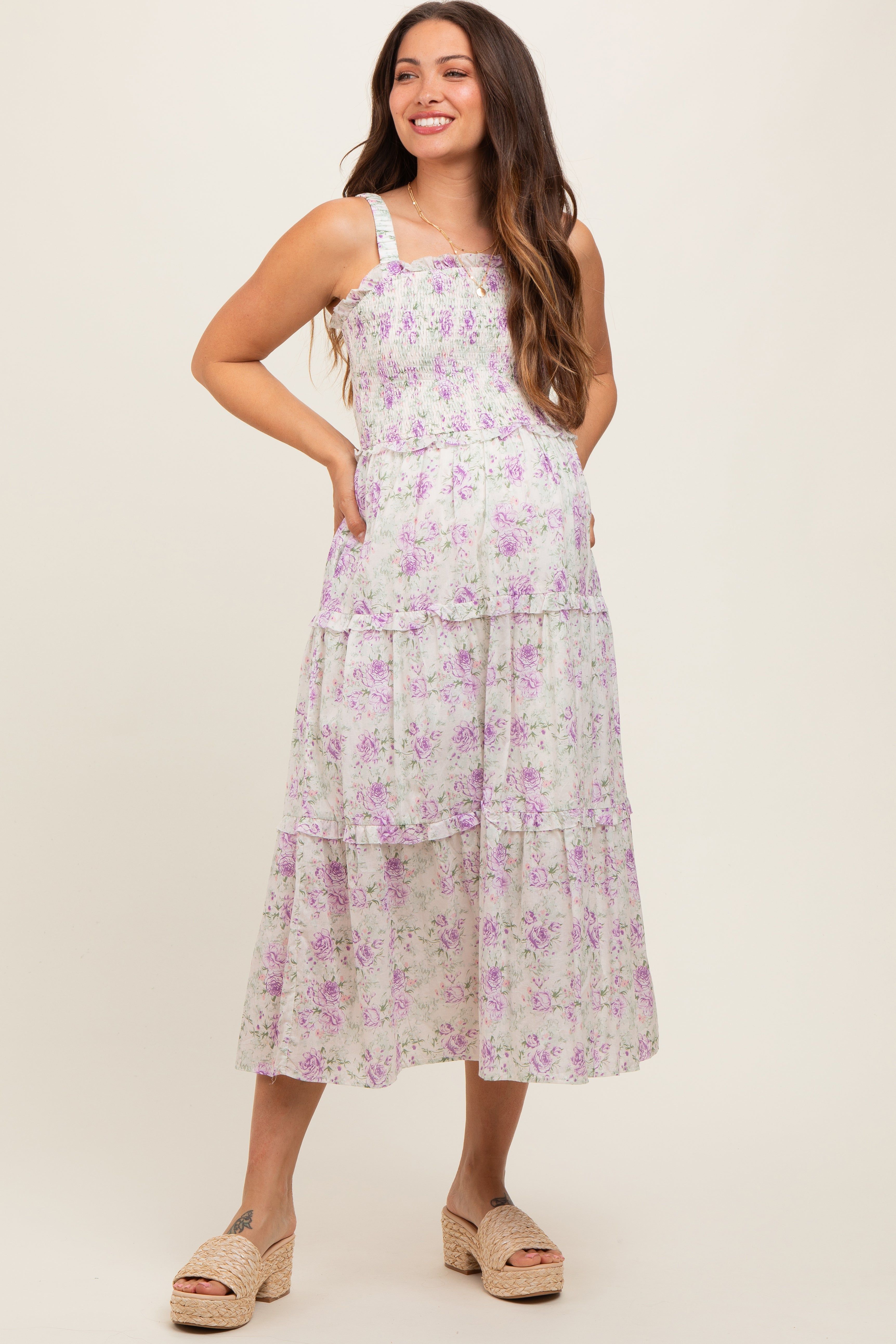 Lavender Floral Smocked Square Neck Ruffle Tiered Maternity Midi Dress sold by Pinkblush