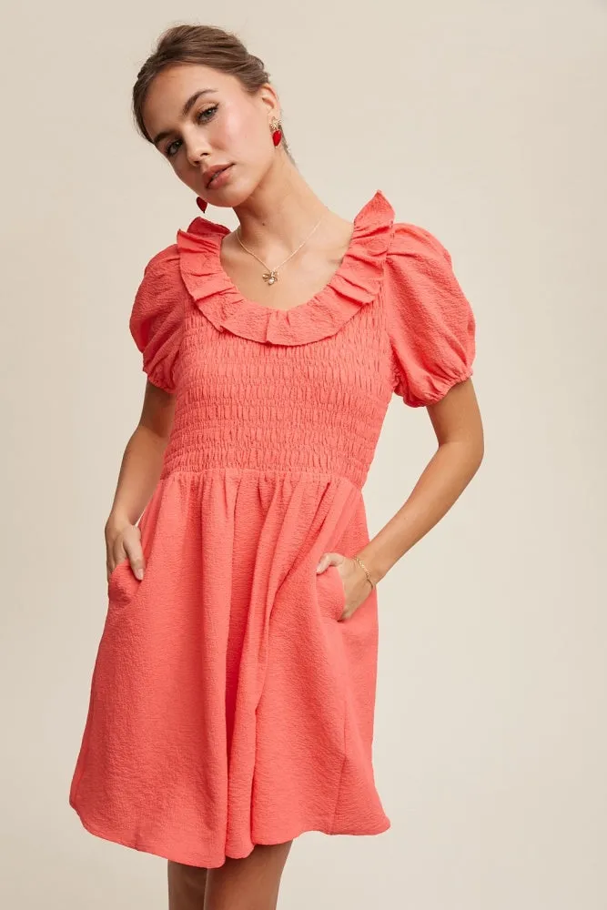 Coral Ruffled Peplum Mini Dress sold by Pinkblush