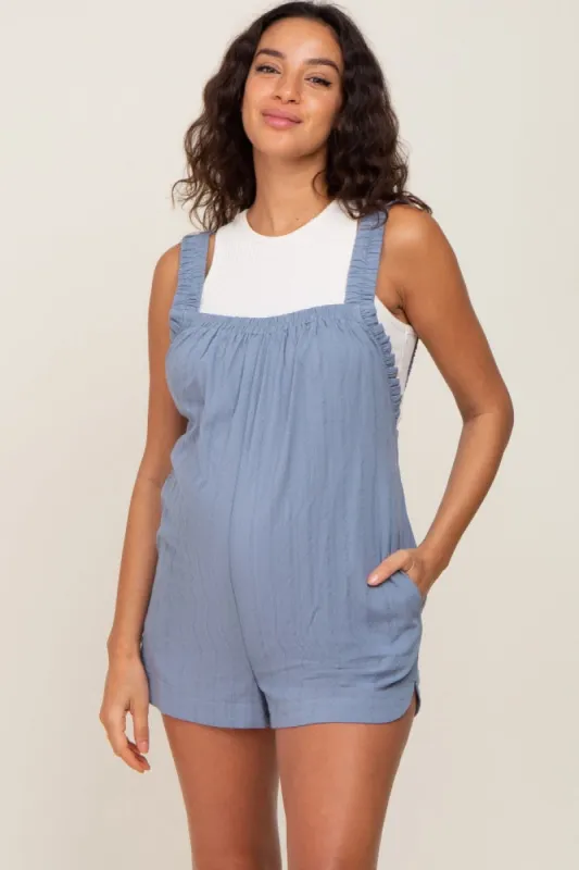 Blue Embroidered Square Ruched Neck Maternity Romper sold by Pinkblush