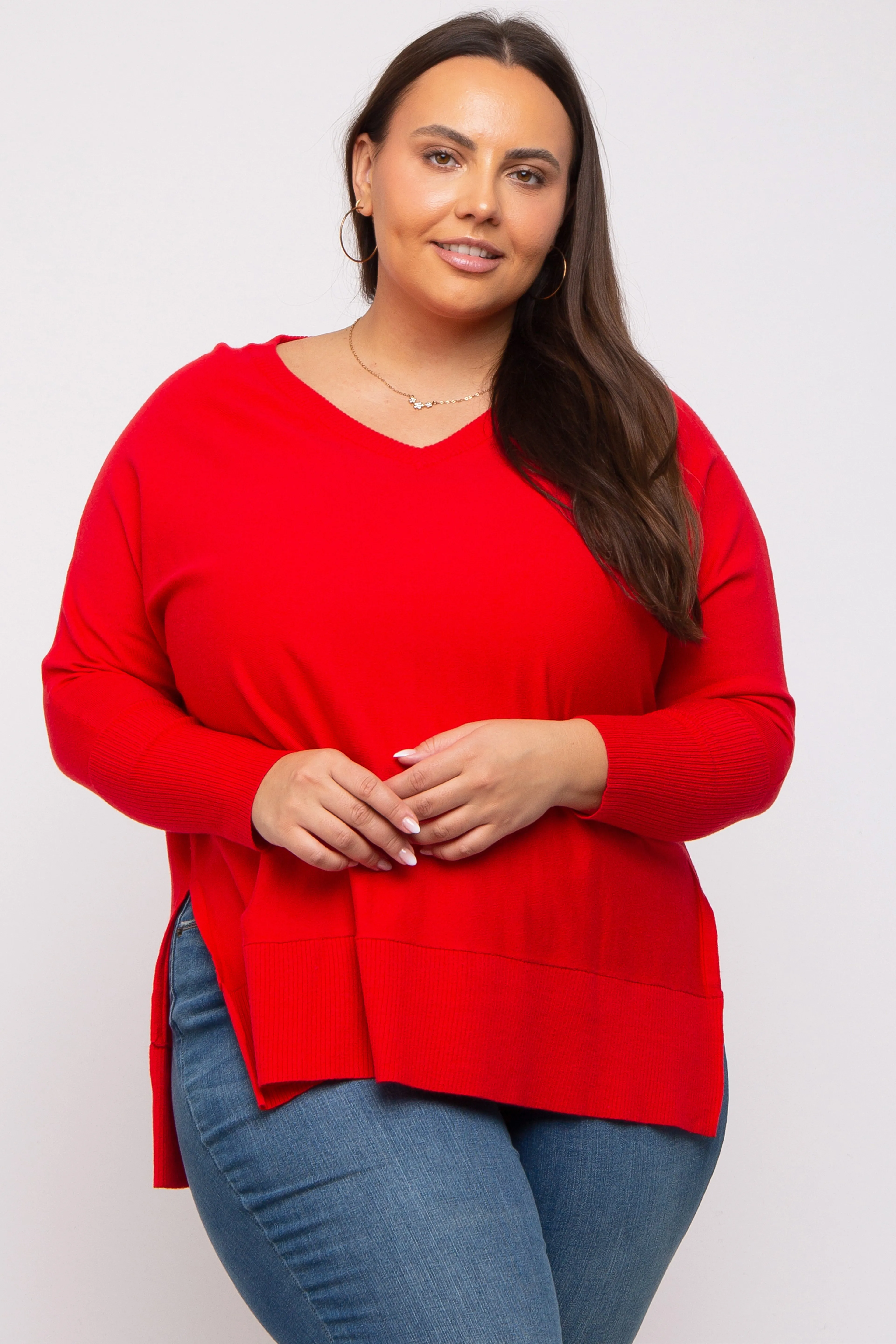 Red Knit Long Dolman Sleeve Plus Top sold by Pinkblush product image thumbnail 2