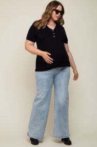Black Ribbed Knit Button Plus Maternity Top sold by Pinkblush