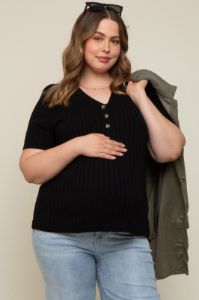 Black Ribbed Knit Button Plus Maternity Top sold by Pinkblush