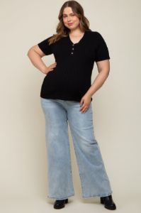 Black Ribbed Knit Button Plus Maternity Top sold by Pinkblush