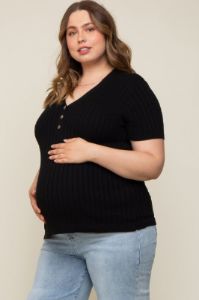Black Ribbed Knit Button Plus Maternity Top sold by Pinkblush
