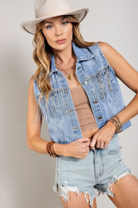 Medium Denim Crop Denim Vest With Rhinestone Fringe sold by Pinkblush