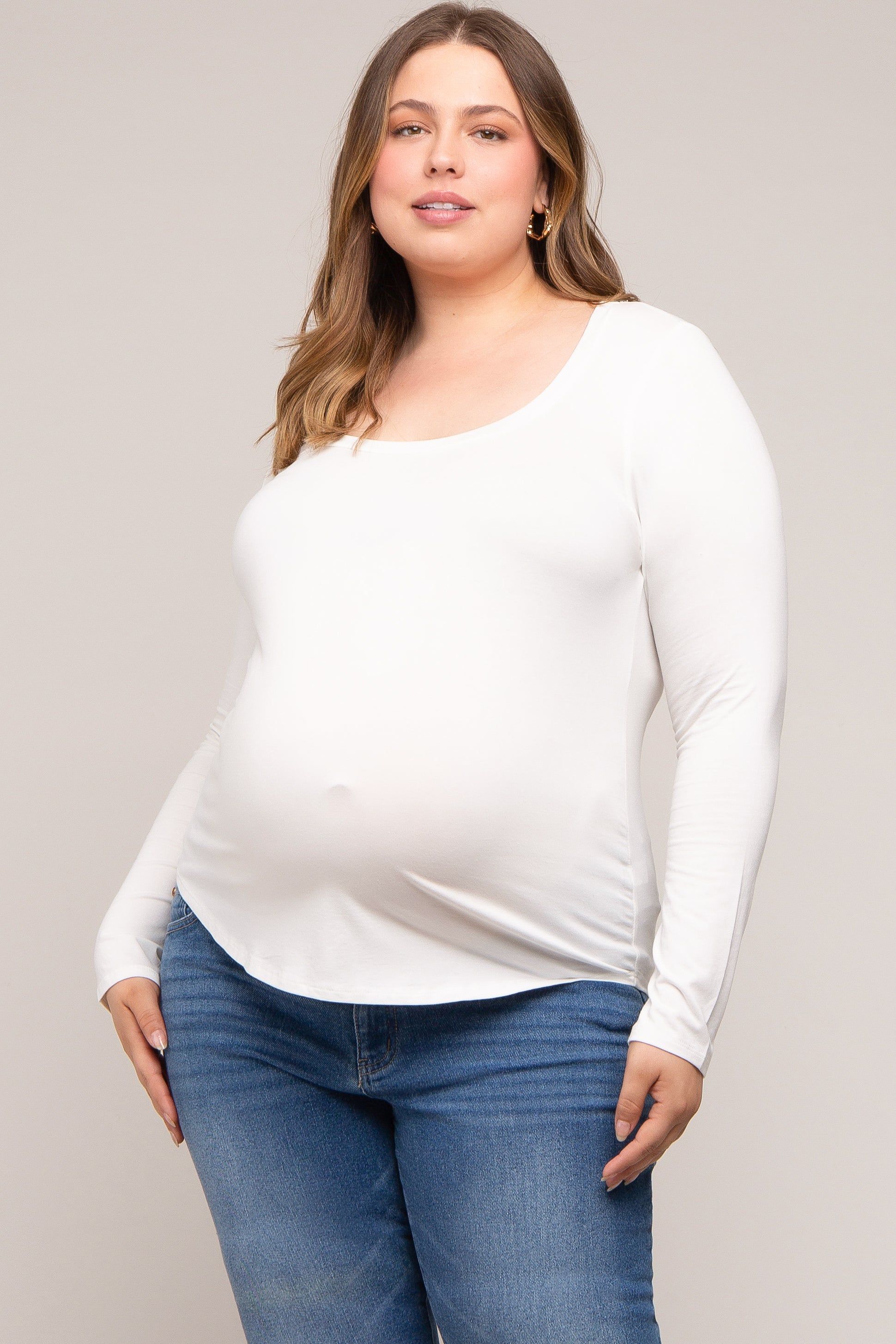 White Basic Long Sleeve Plus Maternity Top sold by Pinkblush