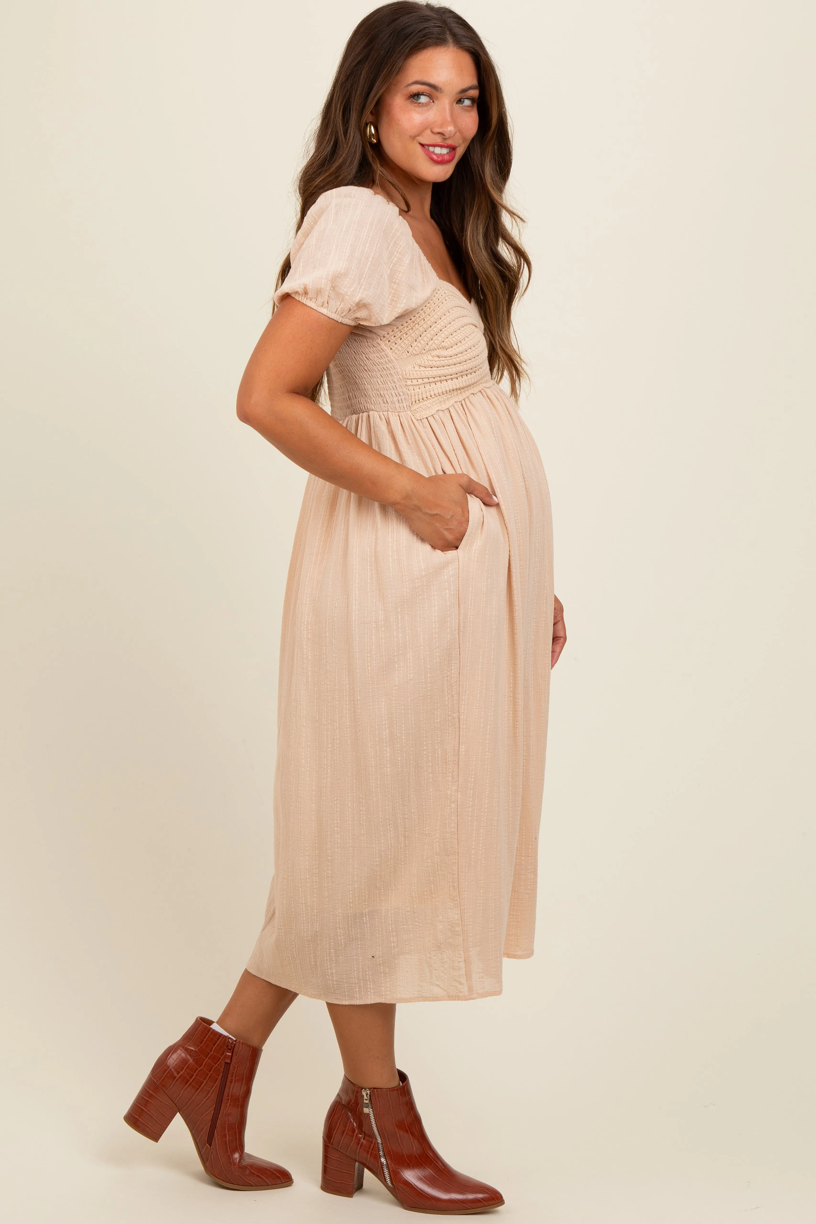 Cream Crochet Puff Sleeve Maternity Midi Dress sold by Pinkblush product image thumbnail 3