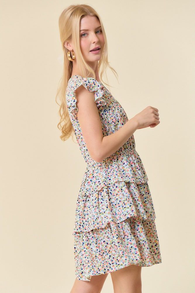 Off White Split Ruffled Sleeve Tiered Bottom Mini Dress sold by Pinkblush product image thumbnail 2