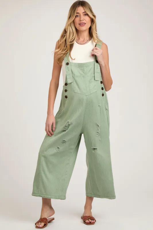 Light Olive Side Button Distressed Maternity Overalls sold by Pinkblush