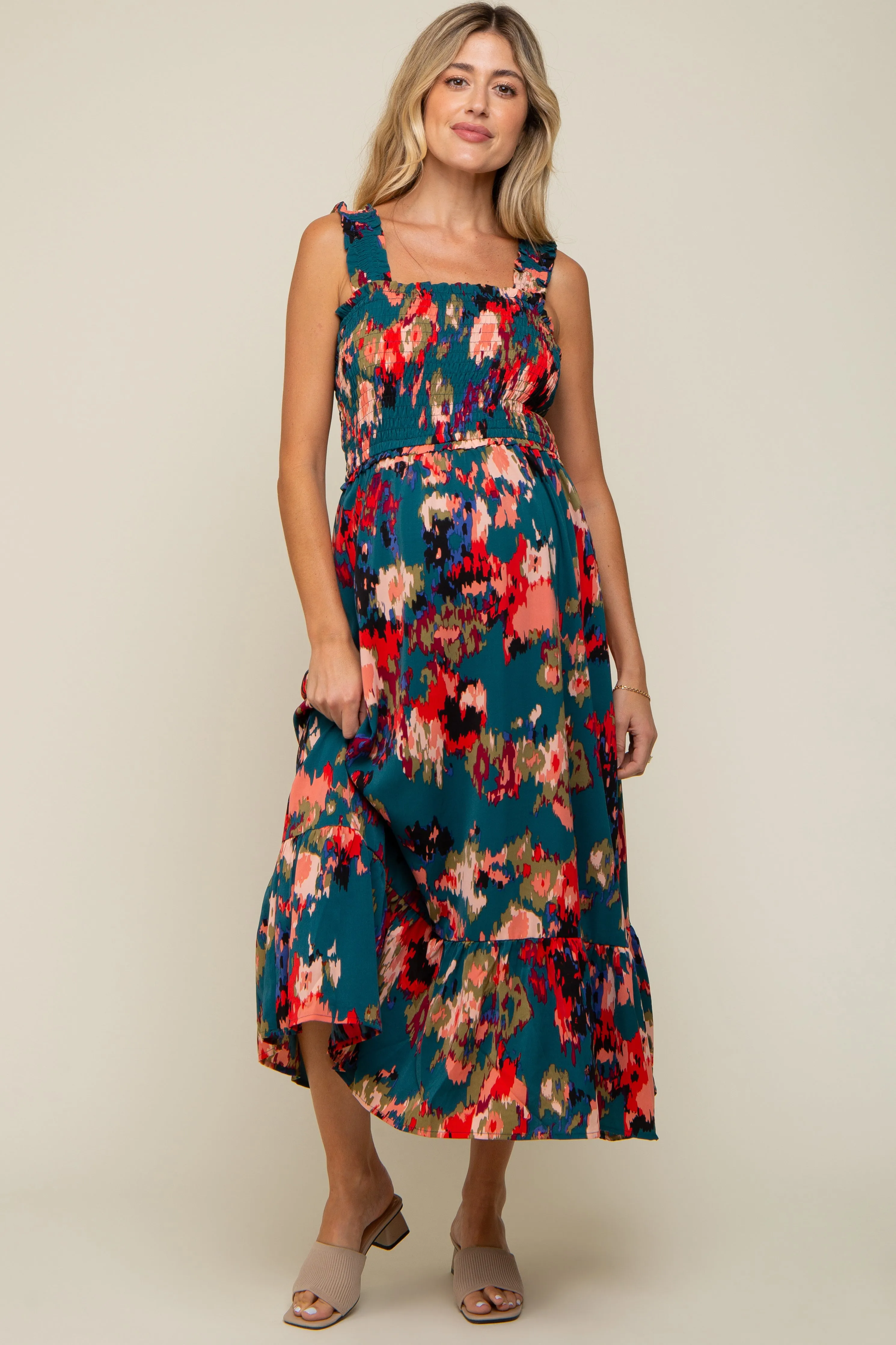 Forest Green Printed Smocked Maternity Midi Dress sold by Pinkblush product image thumbnail 4