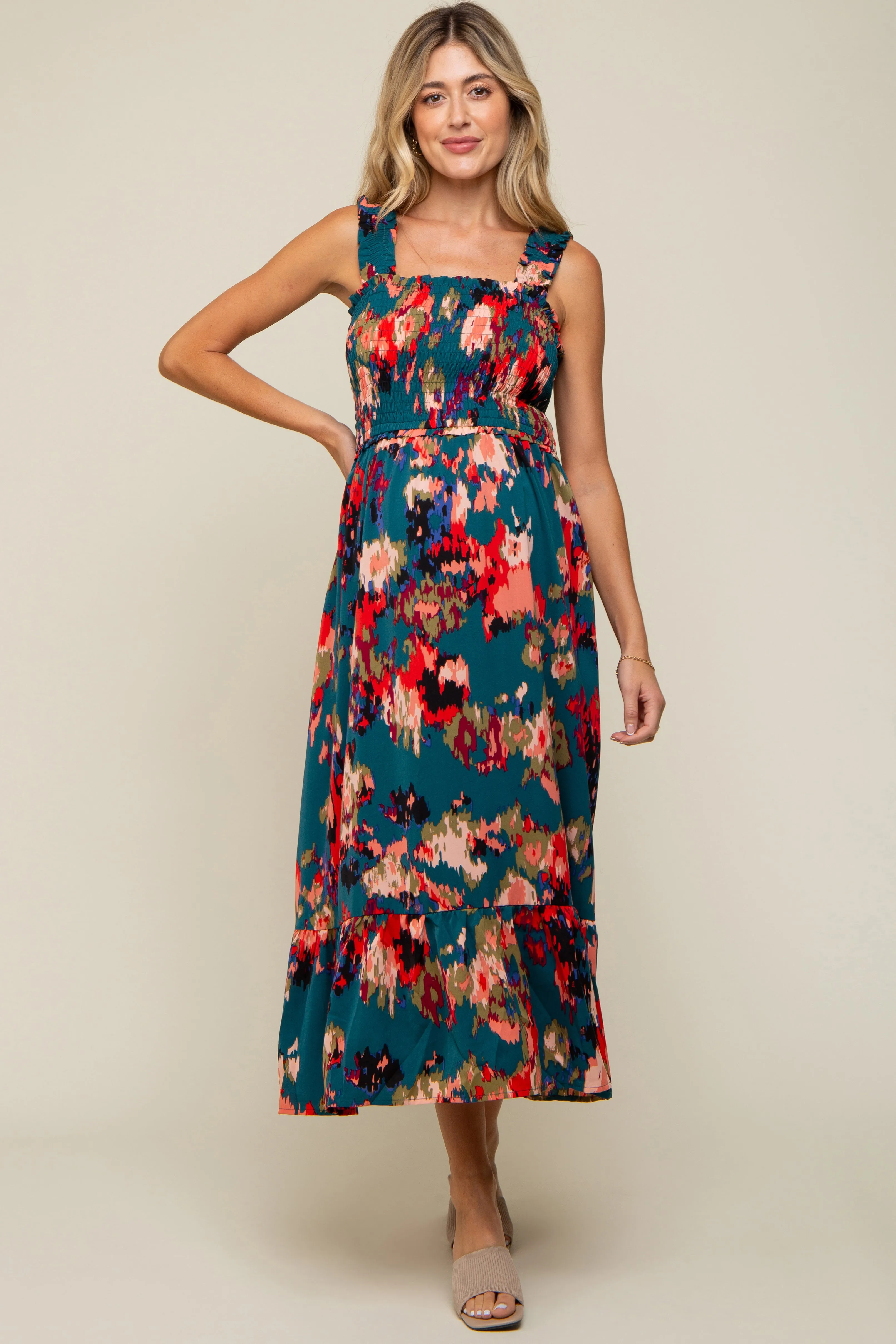 Forest Green Printed Smocked Maternity Midi Dress sold by Pinkblush