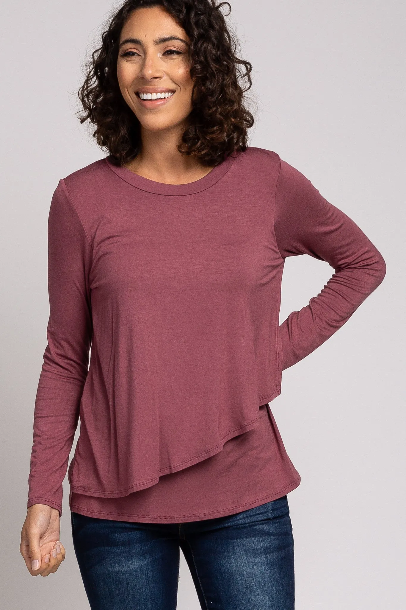 PinkBlush Mauve Solid Layered Front Long Sleeve Nursing Top sold by Pinkblush