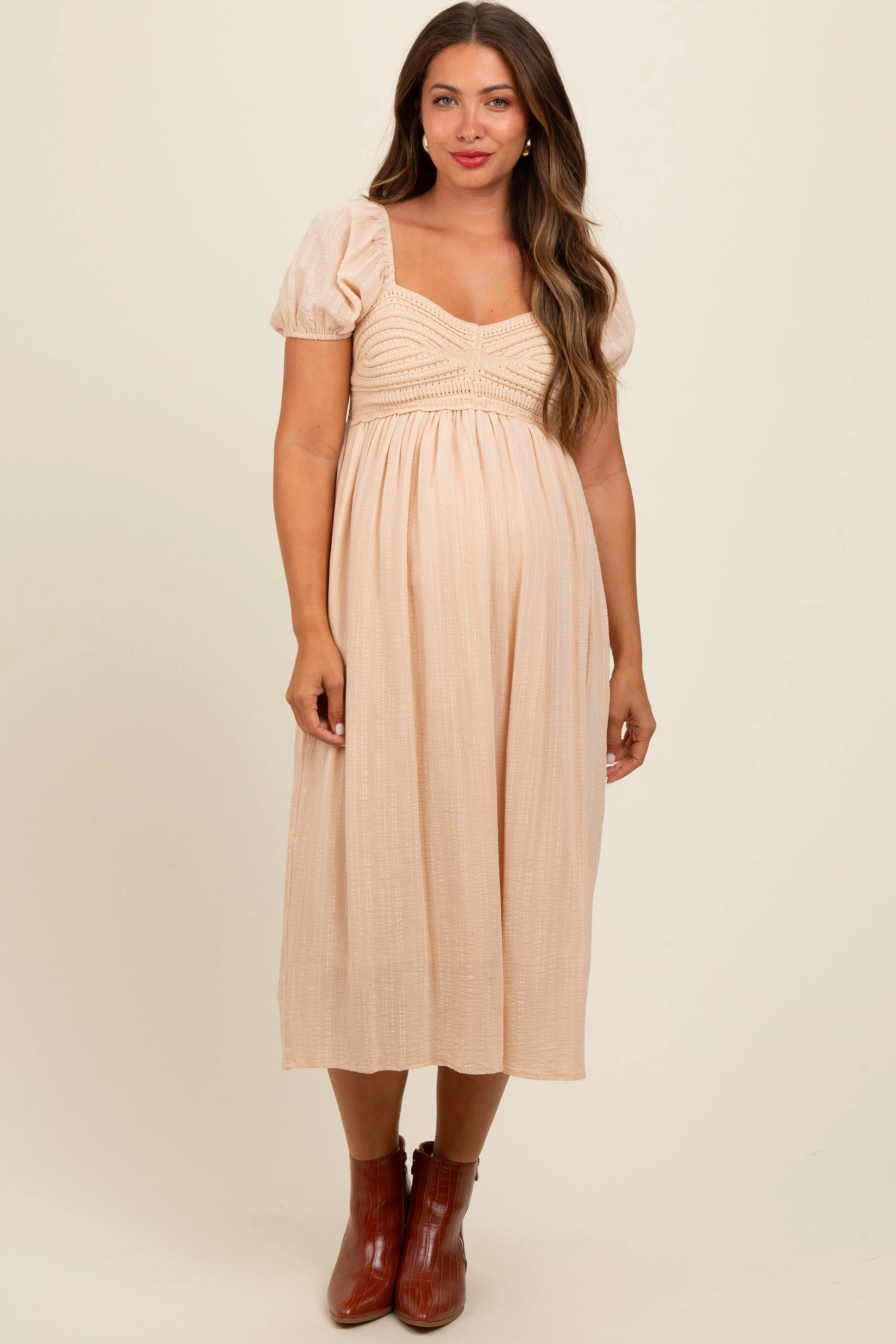 Cream Crochet Puff Sleeve Maternity Midi Dress sold by Pinkblush