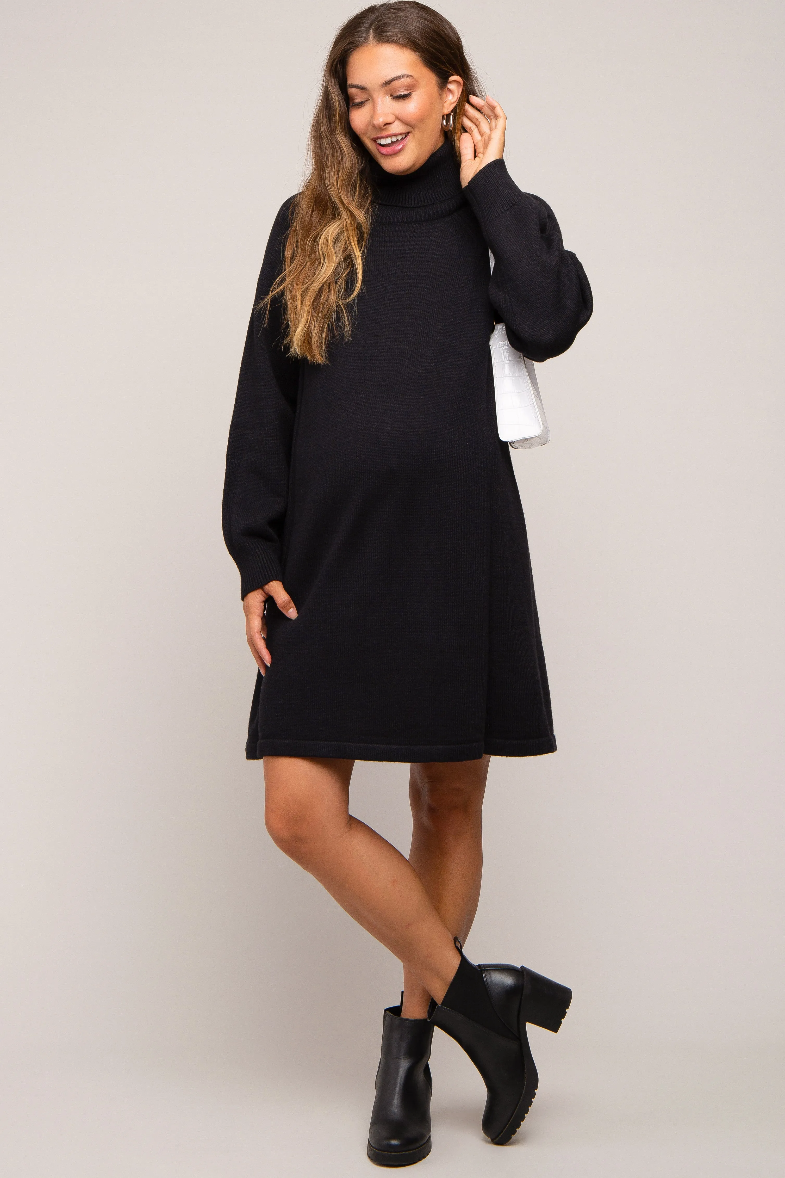Black Turtleneck Long Sleeve Maternity Sweater Dress sold by Pinkblush