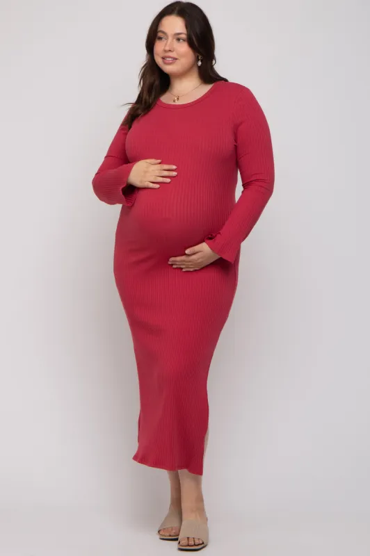 Red Ribbed Side Slit Maternity Plus Maxi Dress sold by Pinkblush