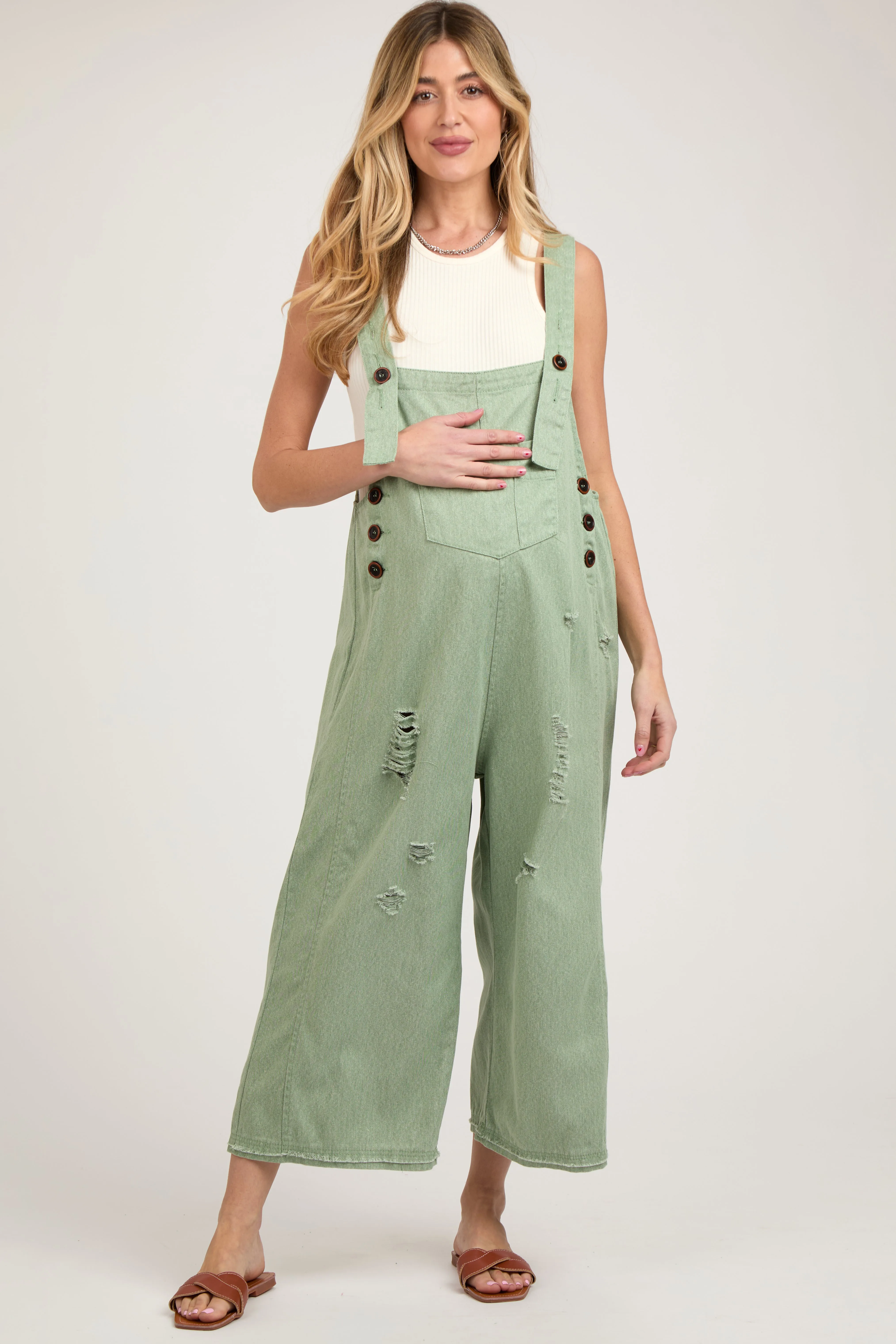 Light Olive Side Button Distressed Maternity Overalls sold by Pinkblush product image thumbnail 2