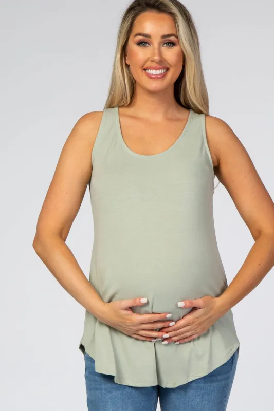 Light Olive Rounded Hem Sleeveless Maternity Top sold by Pinkblush