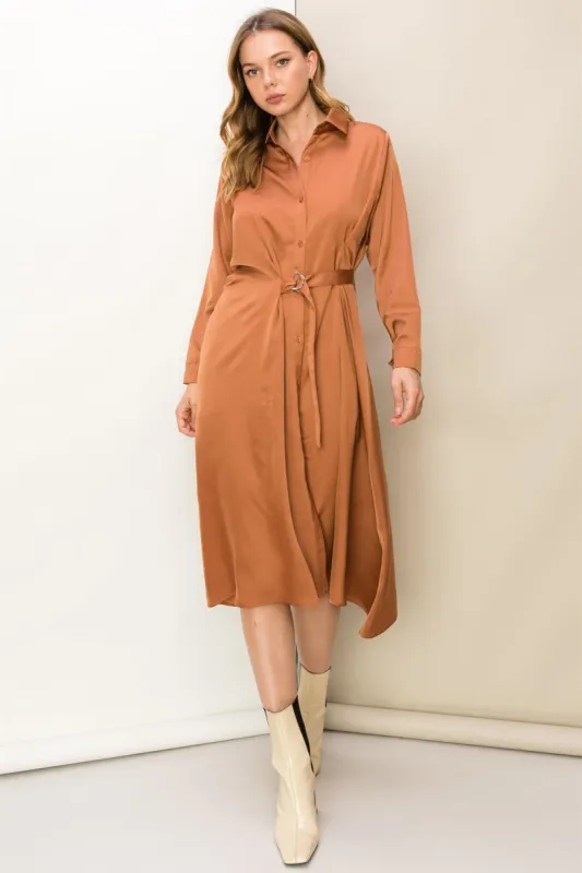 Brown Satin Belted Midi Dress sold by Pinkblush