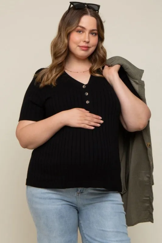 Black Ribbed Knit Button Plus Maternity Top sold by Pinkblush