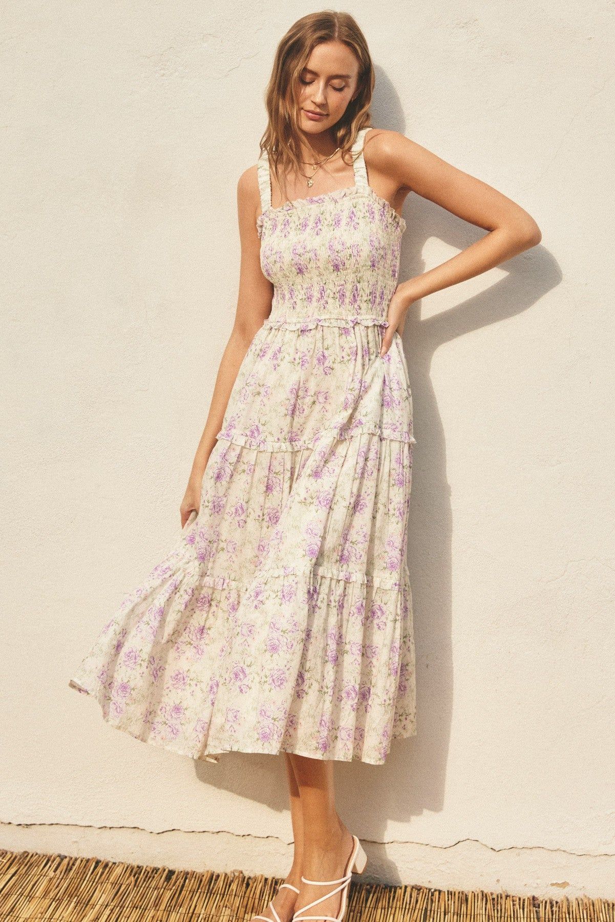 Lavender Floral Smocked Square Neck Ruffle Tiered Midi Dress sold by Pinkblush
