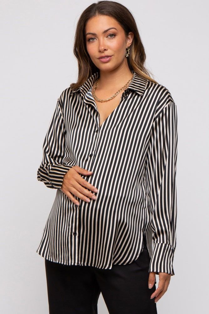 Black Striped Satin Collared Round Hem Maternity Blouse sold by Pinkblush